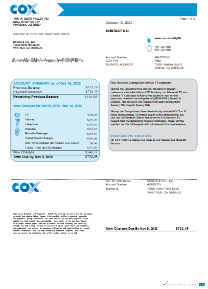 Download COX utility business bill, page1, SCR Photoshop template